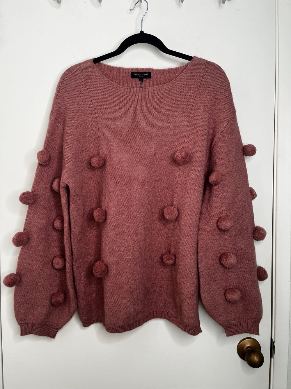 NWT Nancy Yang NewYork Women L Mauve Pink PomPom Knit Sweater Fall Winter Boho